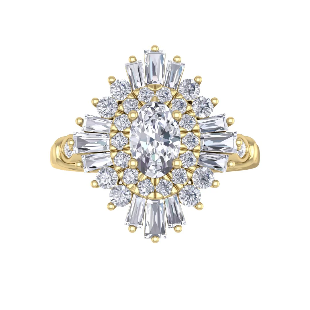 9k Yellow Gold 0.5ct Oval Diamond Baguette Starburst Engagement Ring 1.0tdw