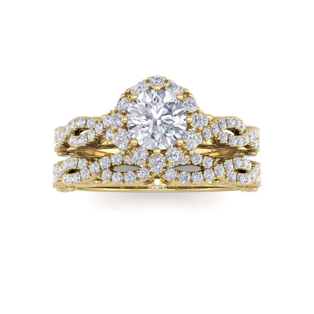 9k Yellow Gold 0.5ct Round Brilliant Moissanite Flower Halo Bridal Set 0.5tdw