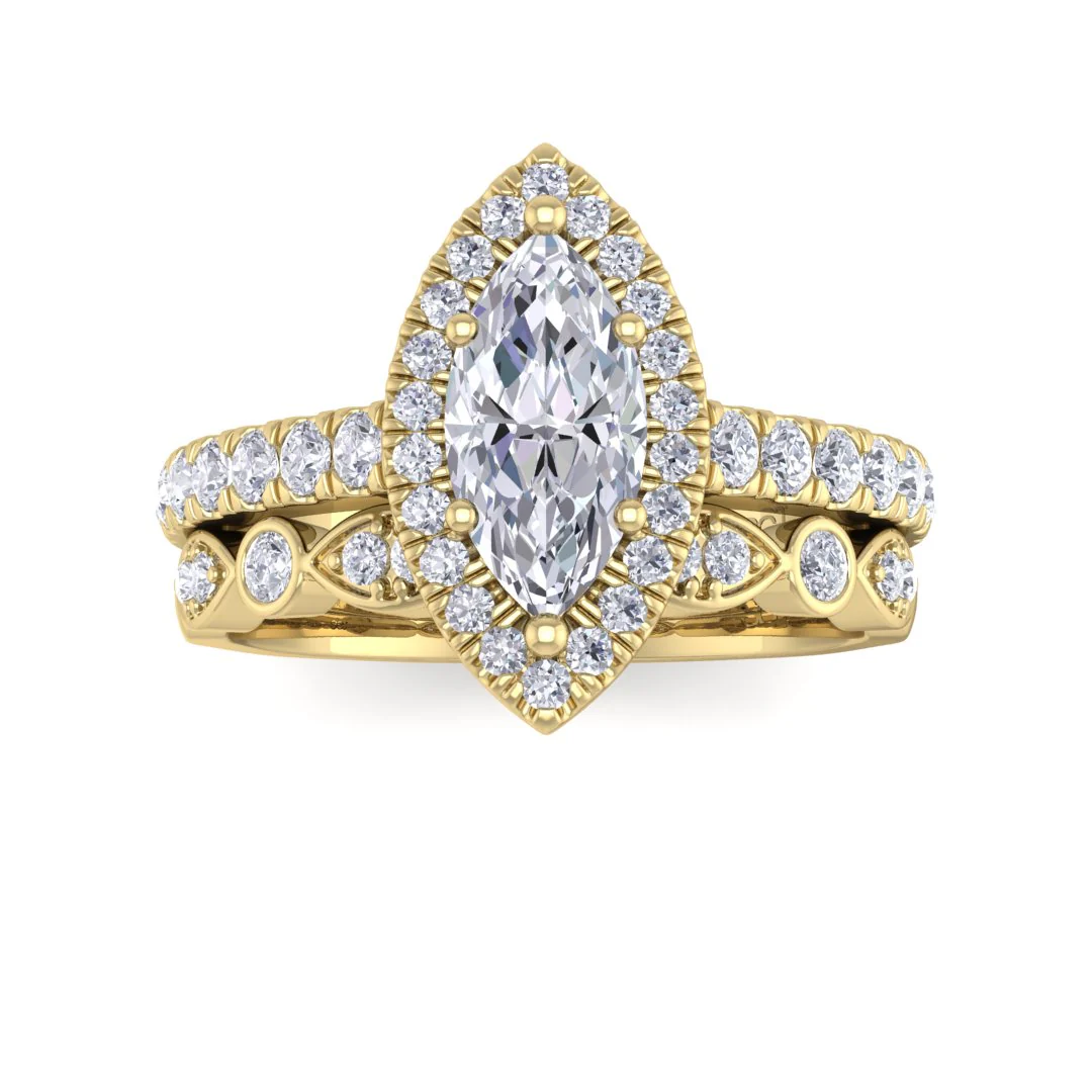 9k Yellow Gold 0.75ct Marquise Moissanite Halo Bridal Set 0.5tdw