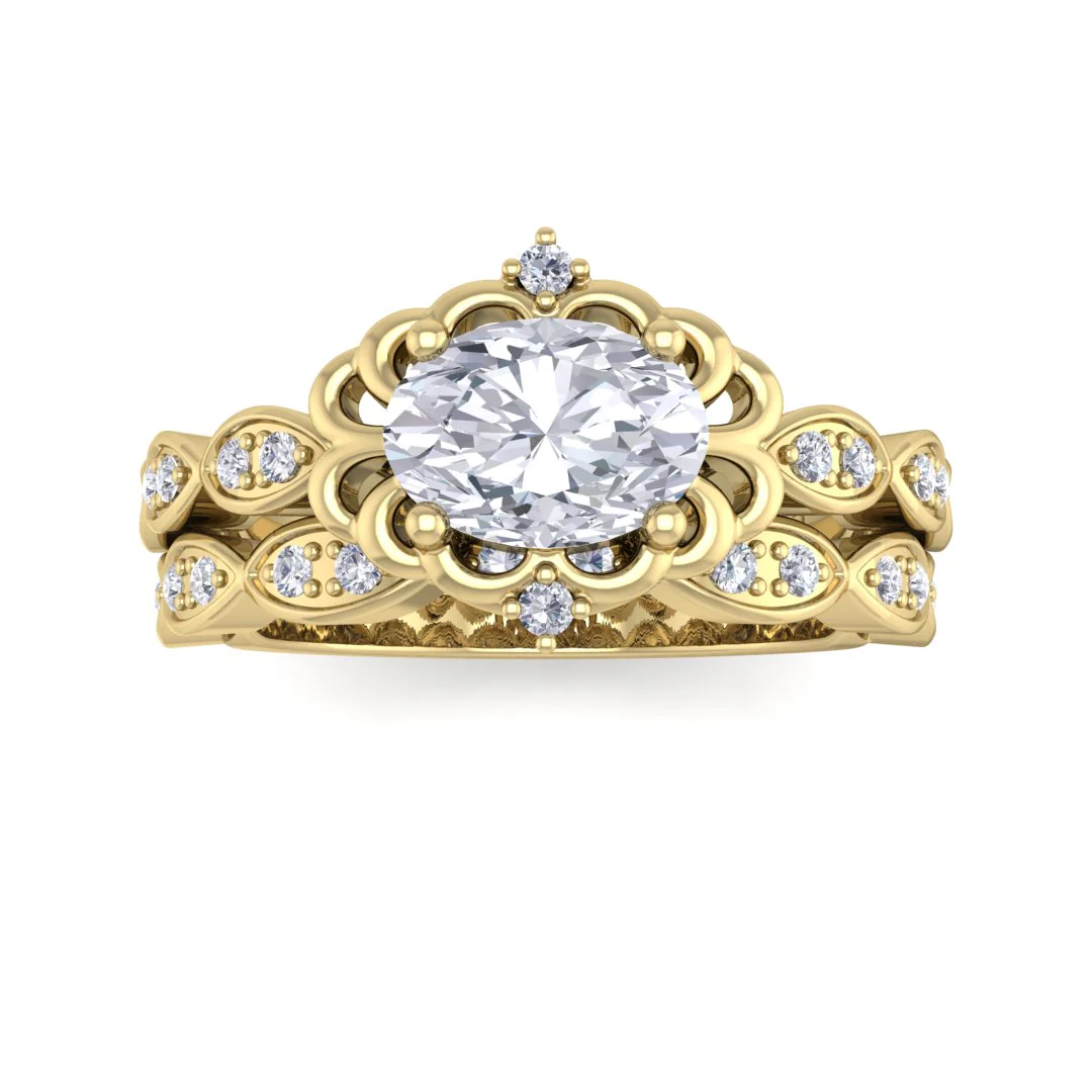 9k Yellow Gold 0.75ct Oval Moissanite Filigree Halo Bridal Set 0.2tdw