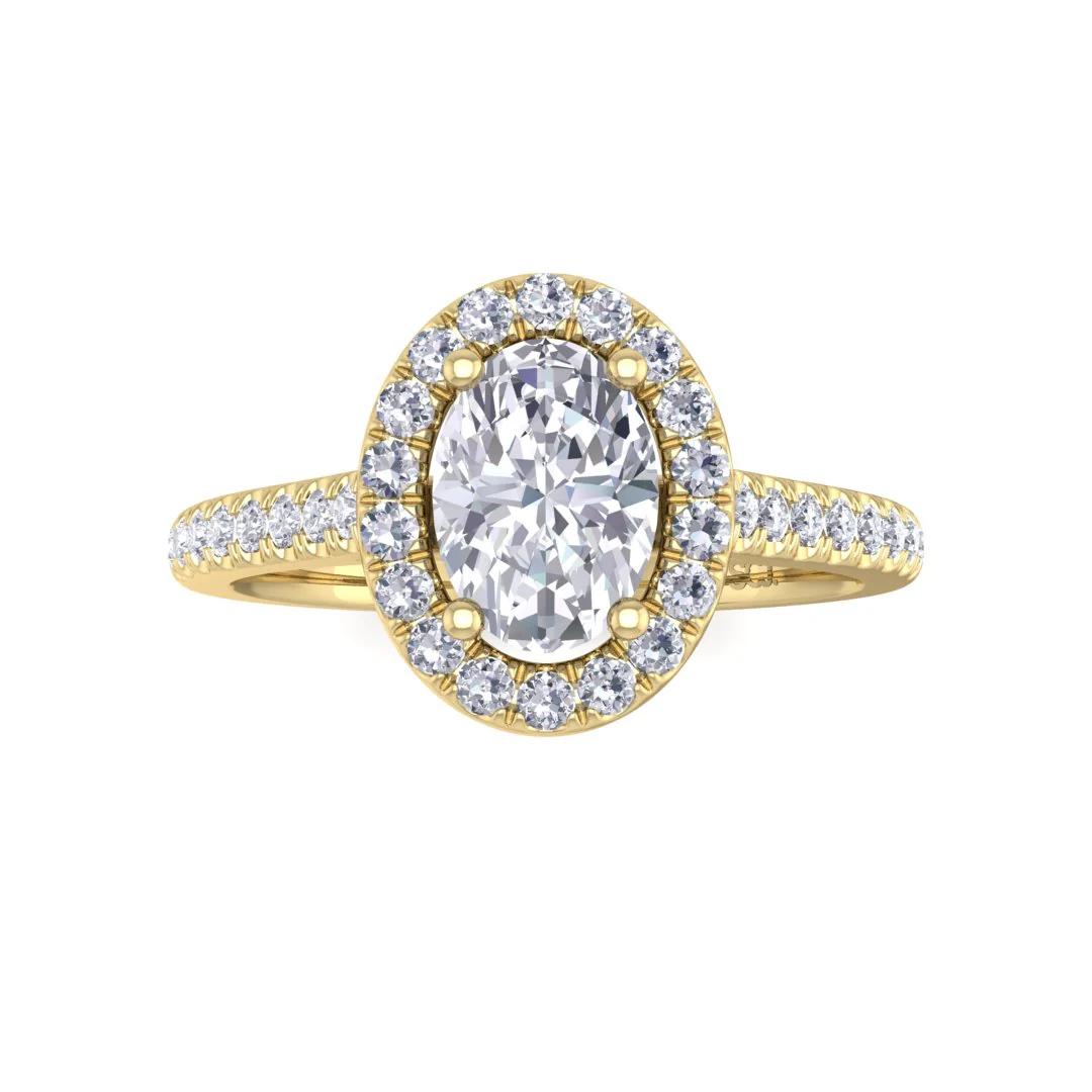 9k Yellow Gold 0.75ct Oval Moissanite Halo Engagement Ring 0.29tdw