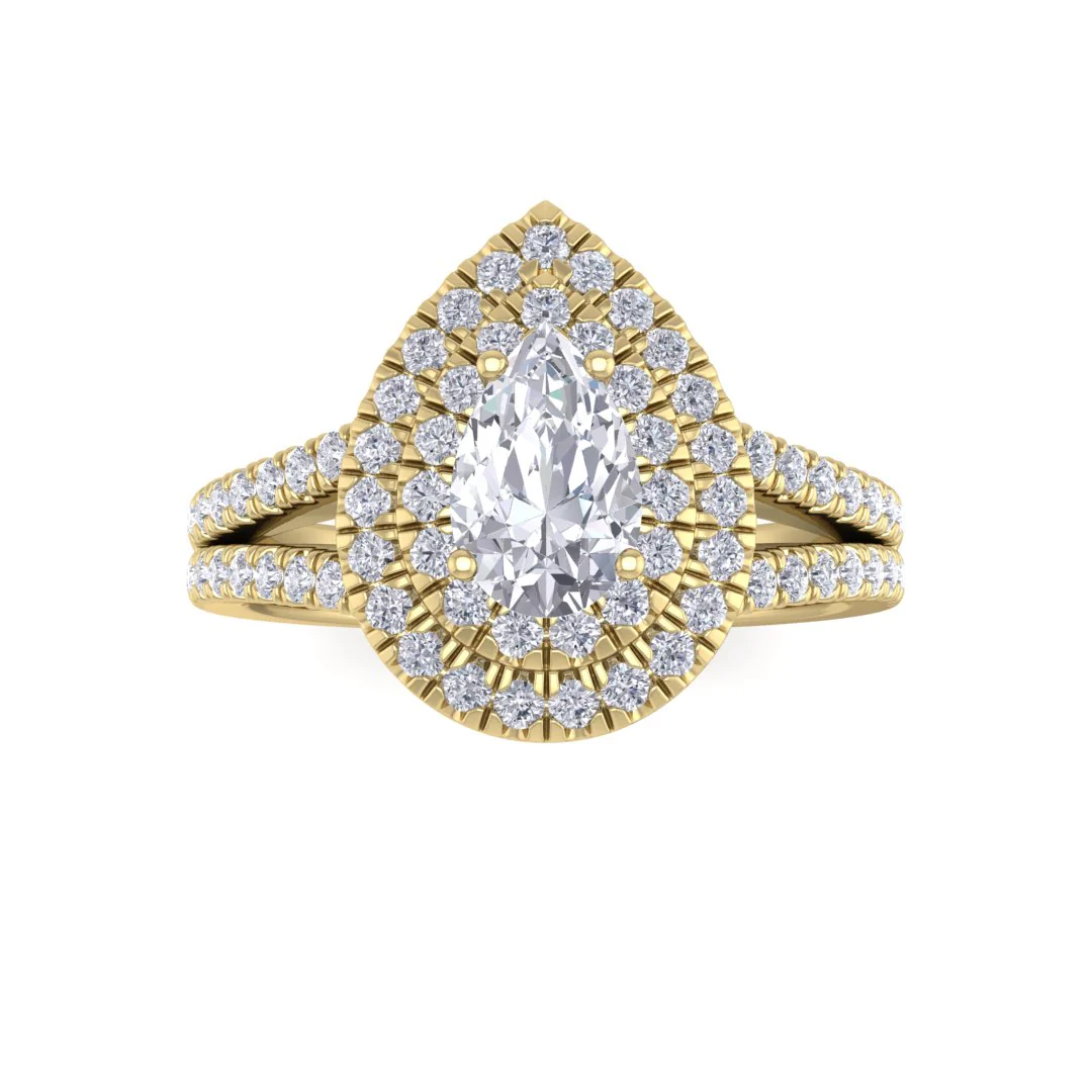9k Yellow Gold 0.75ct Pear Lab Diamond Double Halo Engagement Ring 1.25tdw