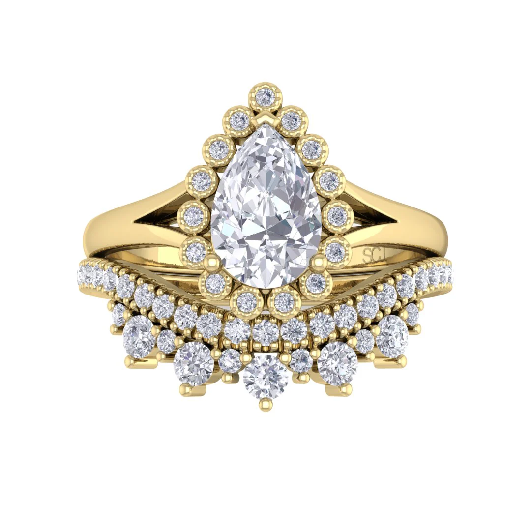 9k Yellow Gold 0.75ct Pear Lab Diamond Halo Tiara Bridal Set 1.15tdw