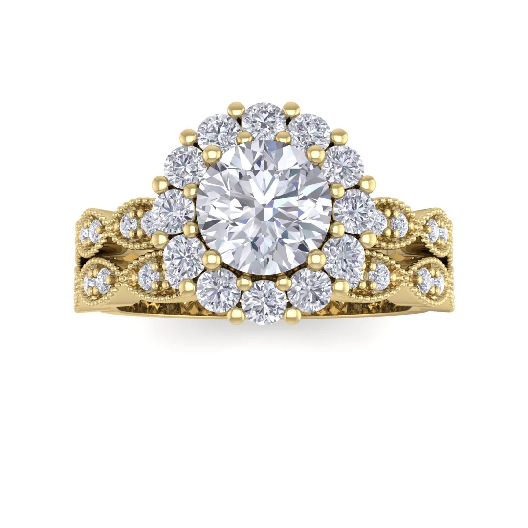 9k Yellow Gold 0.75ct Round Brilliant Moissanite Halo Bridal Set 0.55tdw