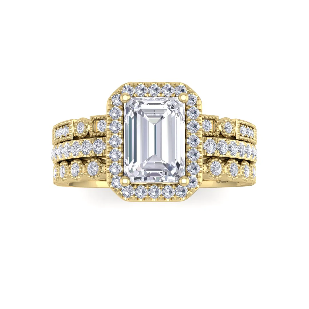 9k Yellow Gold 1.0ct Emerald Cut Moissanite Halo Bridal Set 0.5tdw