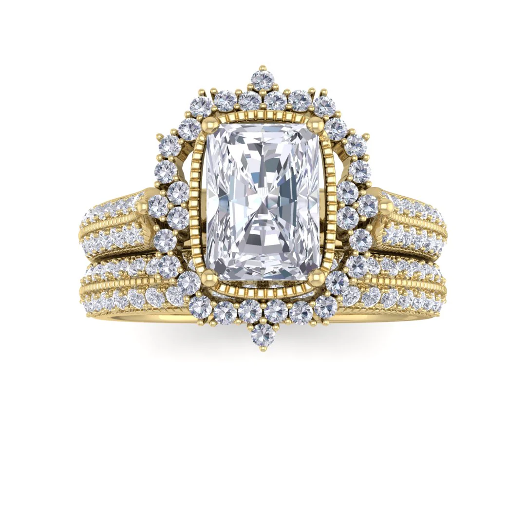 9k Yellow Gold 1.0ct Emerald Cut Moissanite Vintage Halo Bridal Set 0.5tdw