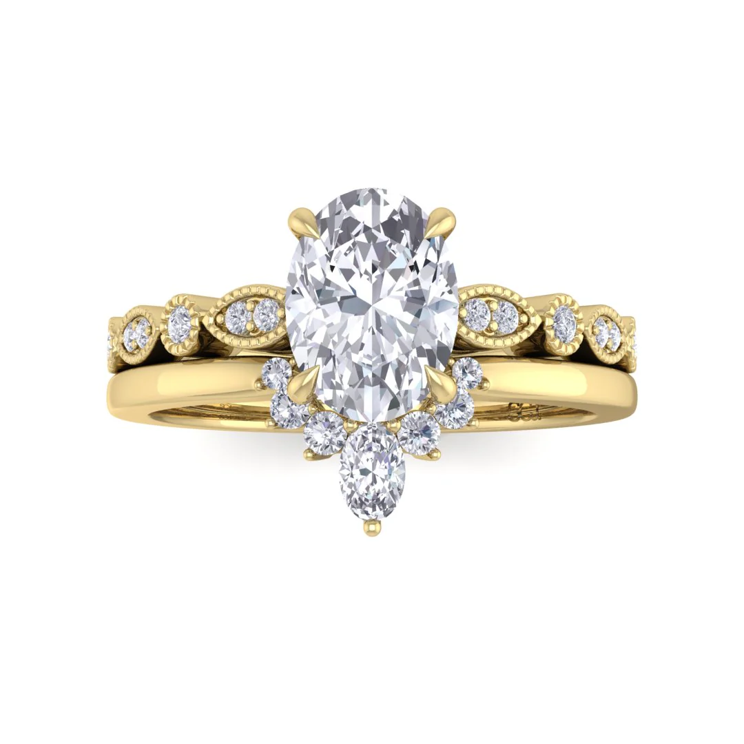 9k Yellow Gold 1.0ct Oval Moissanite Tiara Bridal Set 0.17tdw