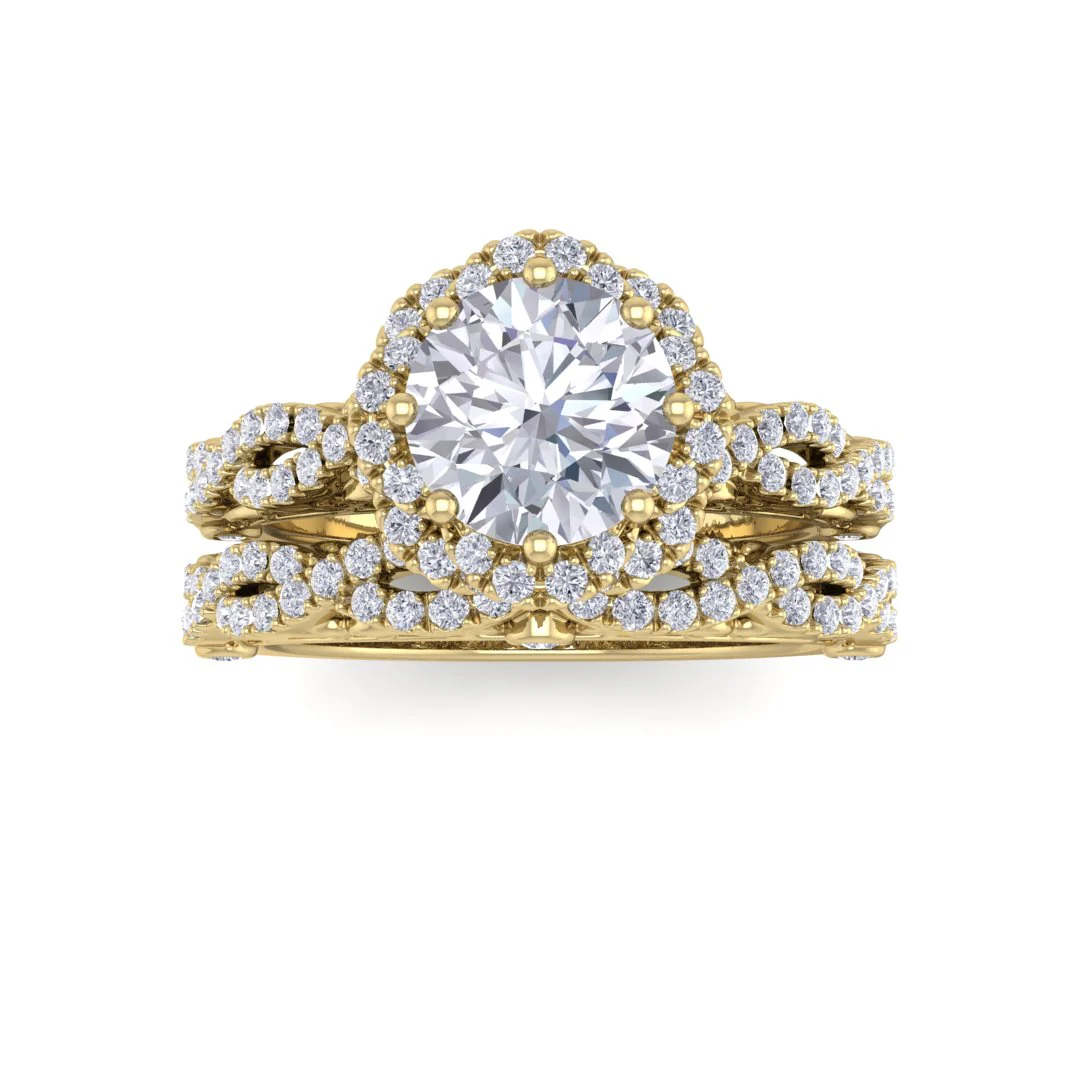 9k Yellow Gold 1.0ct Round Brilliant Diamond Flower Halo Bridal Set 1.5tdw