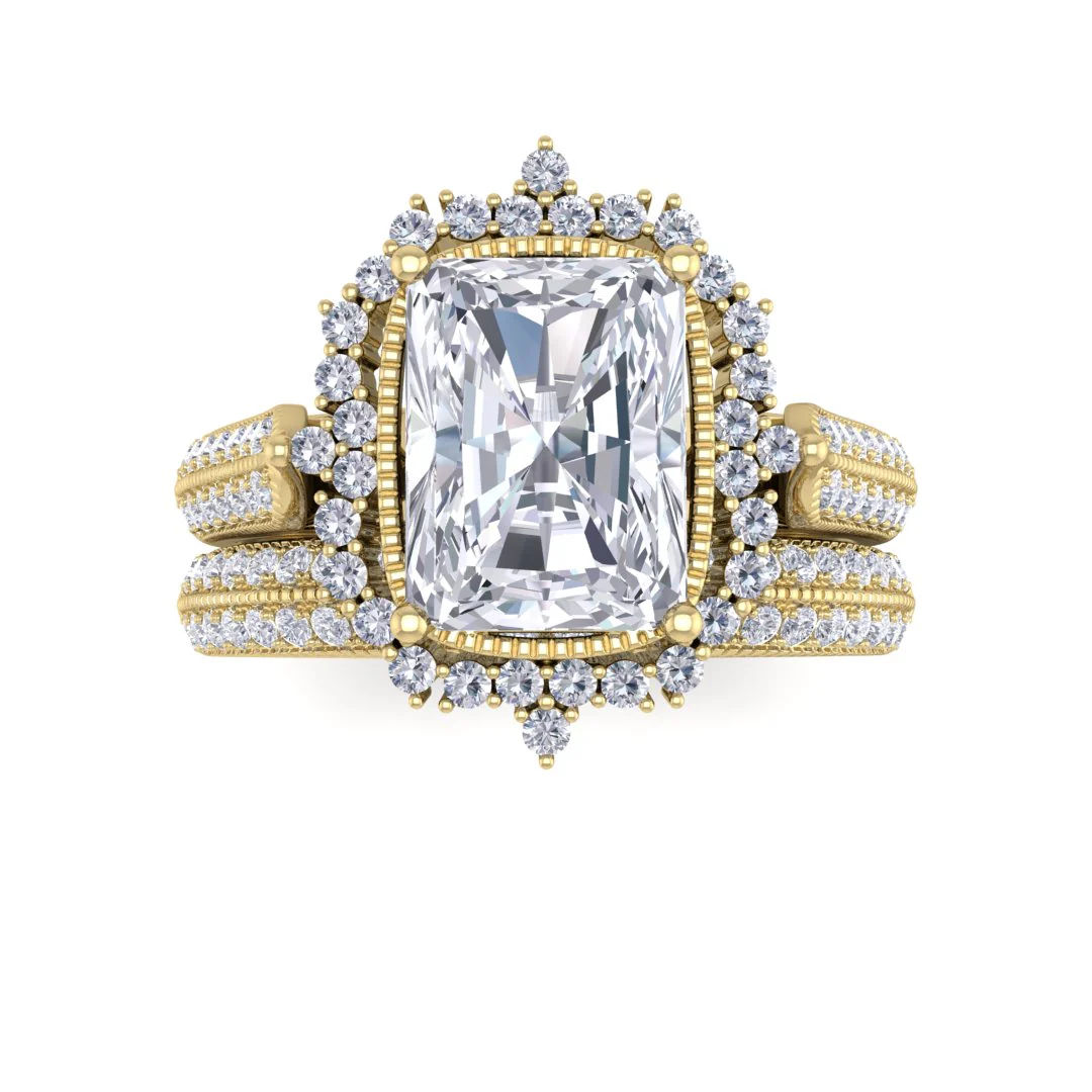 9k Yellow Gold 1.5ct Emerald Cut Diamond Vintage Halo Bridal Set 2.0tdw