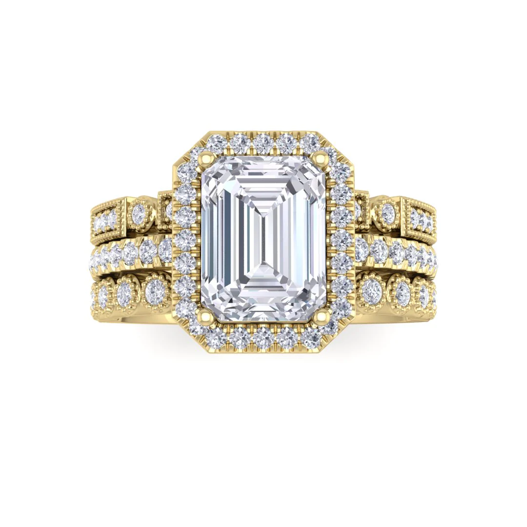 9k Yellow Gold 1.5ct Emerald Cut Moissanite Halo Bridal Set 0.5tdw