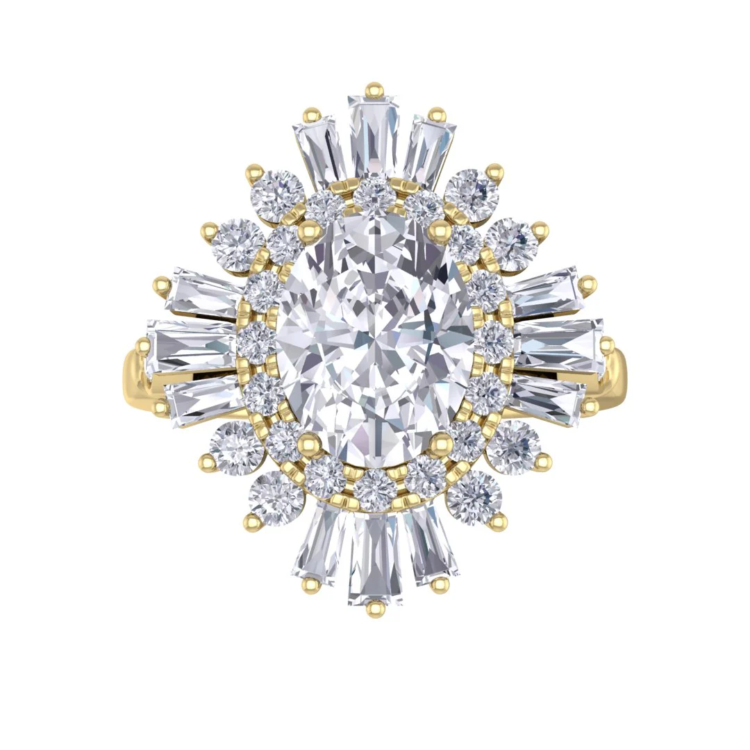 9k Yellow Gold 1.5ct Oval Moissanite Baguette Starburst Engagement Ring 0.5tdw