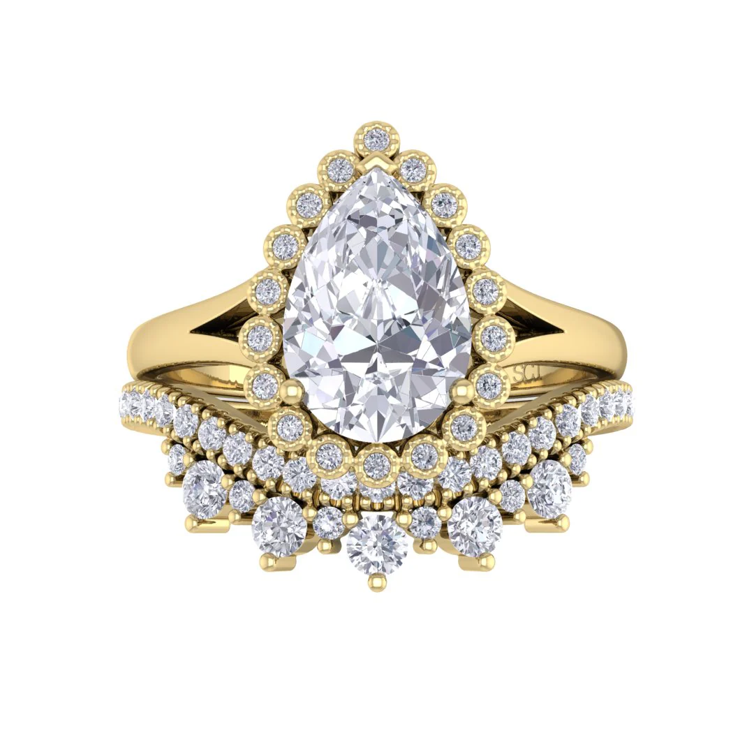 9k Yellow Gold 1.5ct Pear Diamond Halo Tiara Bridal Set 1.9tdw