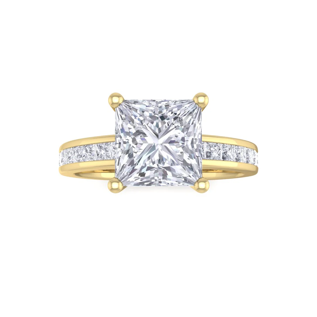 9k Yellow Gold 1.5ct Princess Cut Moissanite Solitaire with Shoulder Accents Engagement Ring 0.5tdw