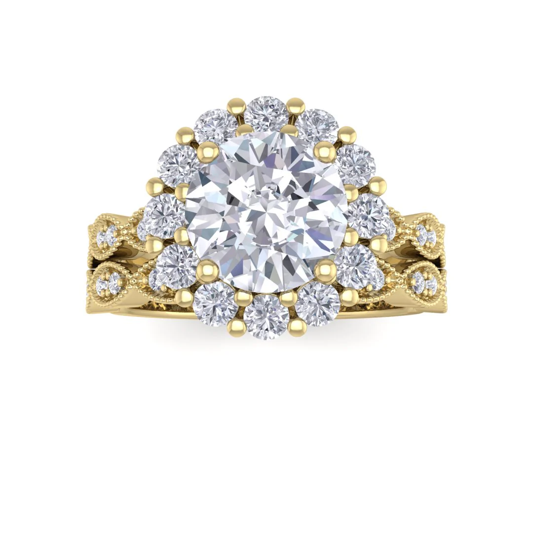 9k Yellow Gold 1.5ct Round Brilliant Diamond Halo Bridal Set 2.05tdw
