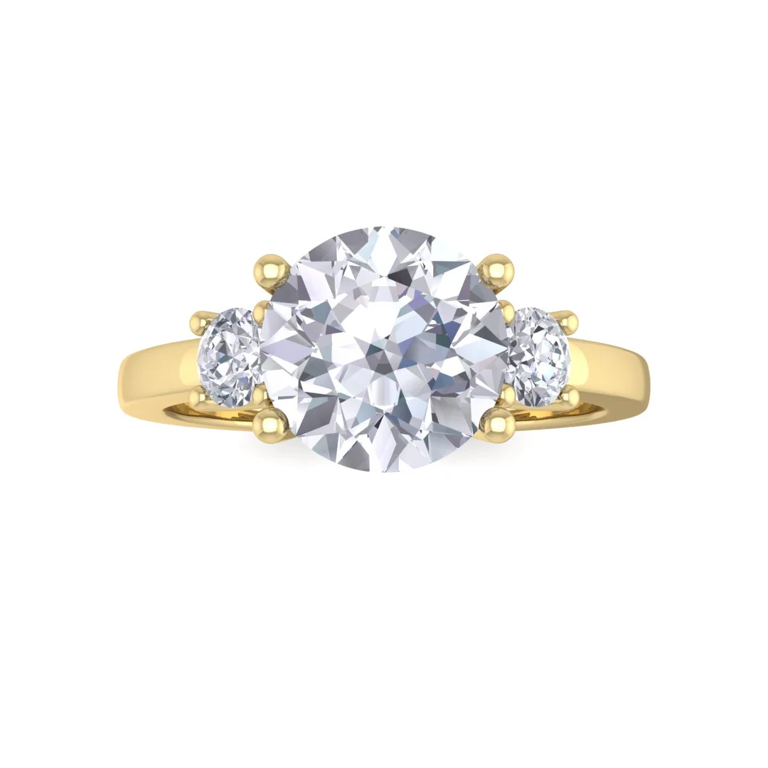 9k Yellow Gold 1.5ct Round Brilliant Moissanite Trilogy Engagement Ring 0.25tdw