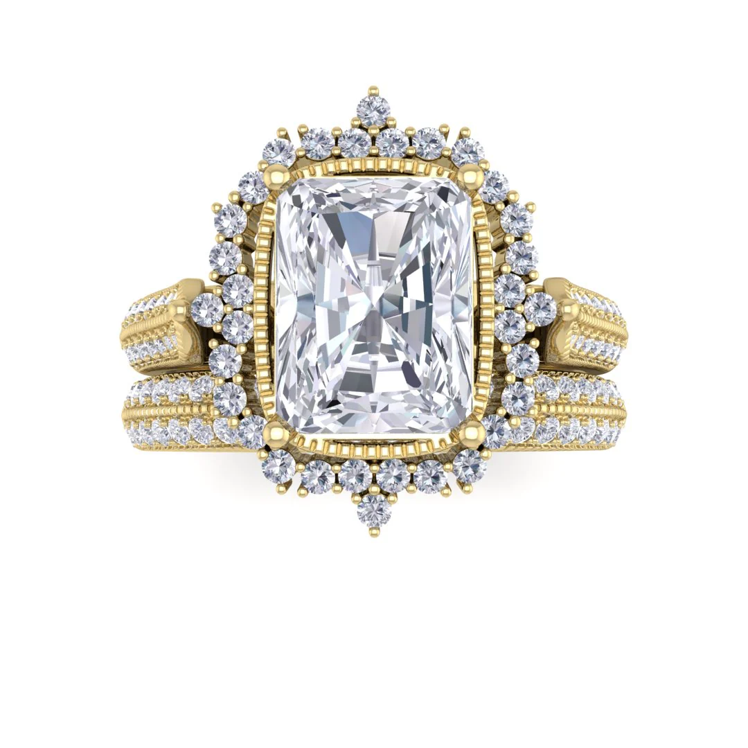 9k Yellow Gold 2.0ct Emerald Cut Diamond Vintage Halo Bridal Set 2.5tdw