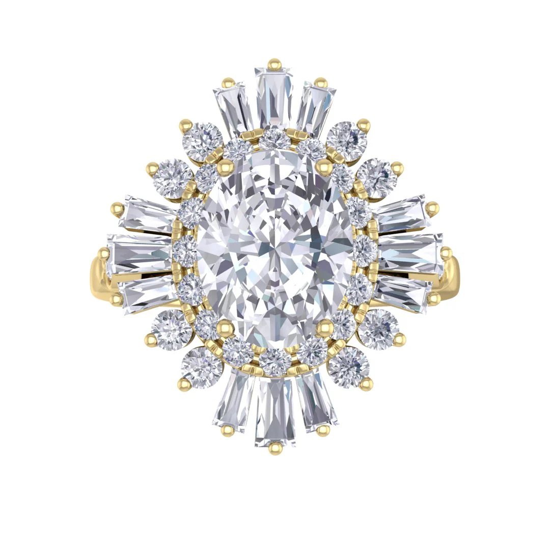 9k Yellow Gold 2.0ct Oval Diamond Baguette Starburst Engagement Ring 2.5tdw