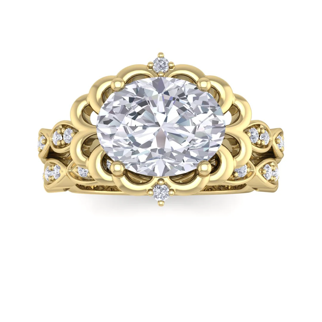 9k Yellow Gold 2.0ct Oval Diamond Filigree Halo Bridal Set 2.2tdw