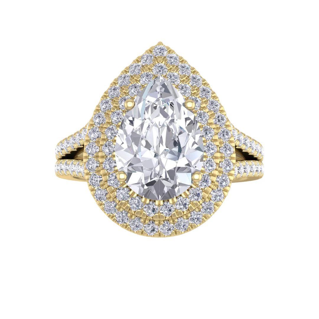 9k Yellow Gold 2.0ct Pear Diamond Double Halo Engagement Ring 2.5tdw