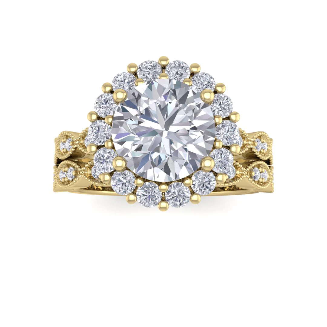 9k Yellow Gold 2.0ct Round Brilliant Diamond Halo Bridal Set 2.55tdw