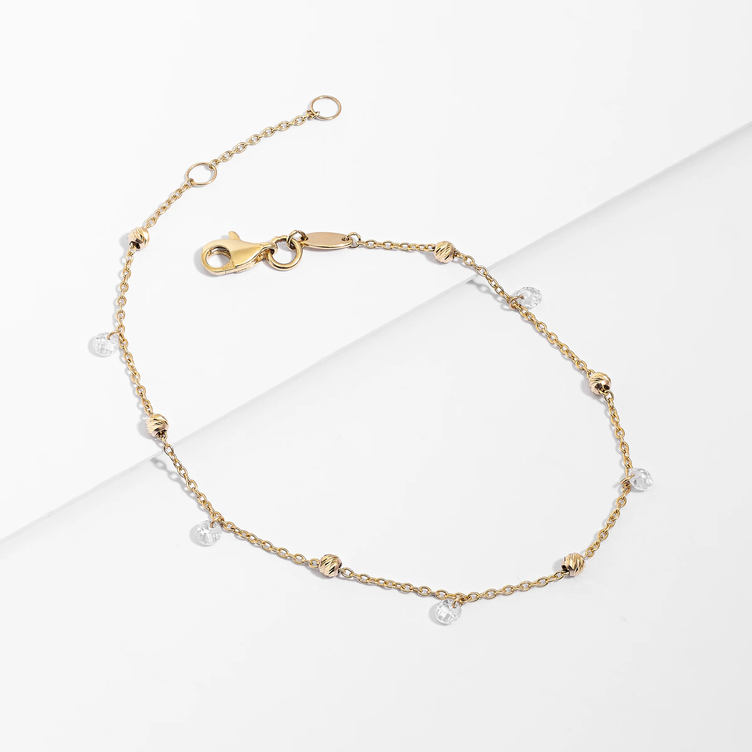 9K Yellow Gold Cable Link Ball and Crystal Bracelet 20cm