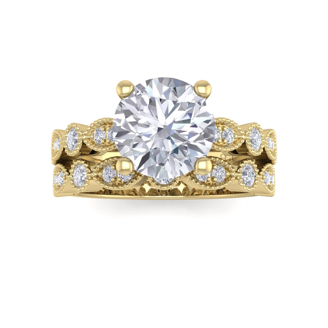 9K Yellow Gold Round Brilliant Diamond Milgrain Bridal Set 1.75tdw