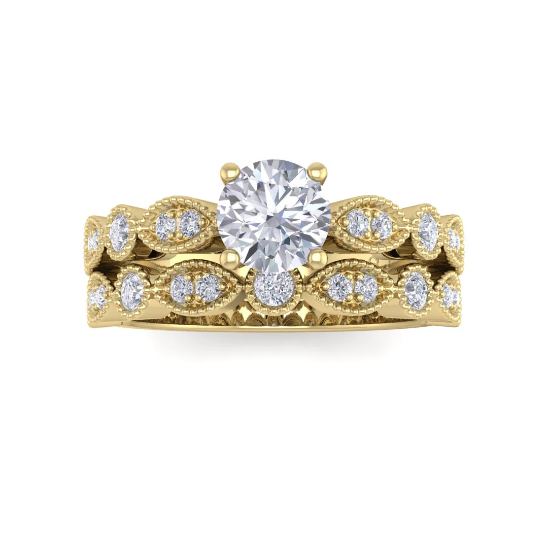 9K Yellow Gold Round Brilliant Lab Diamond Milgrain Bridal Set 0.75tdw