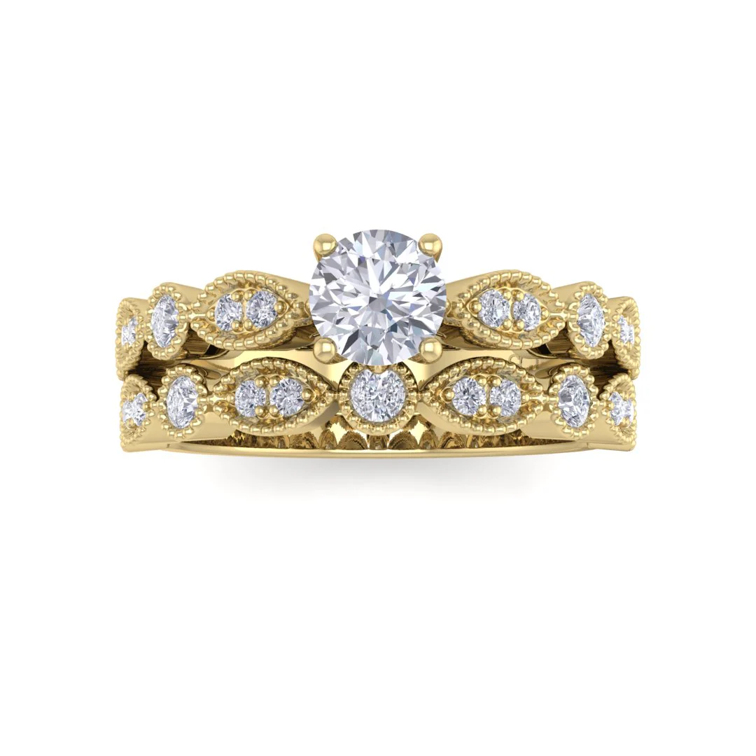 9K Yellow Gold Round Brilliant Moissanite and Diamond Milgrain Bridal Set 0.25tdw 0.33ct Moissanite