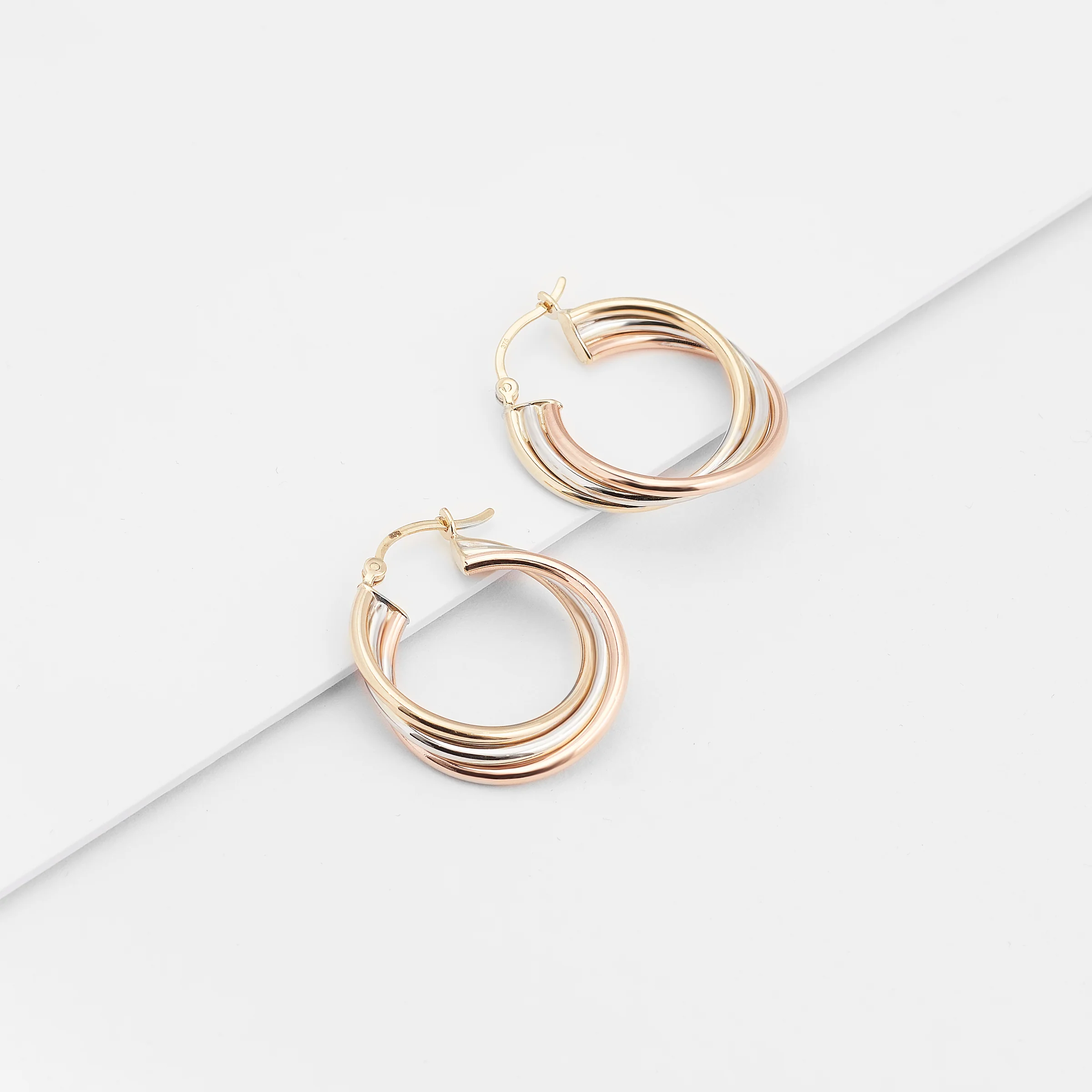 9K Yellow, Rose And White Gold Twist Hoop Earrings 22mm