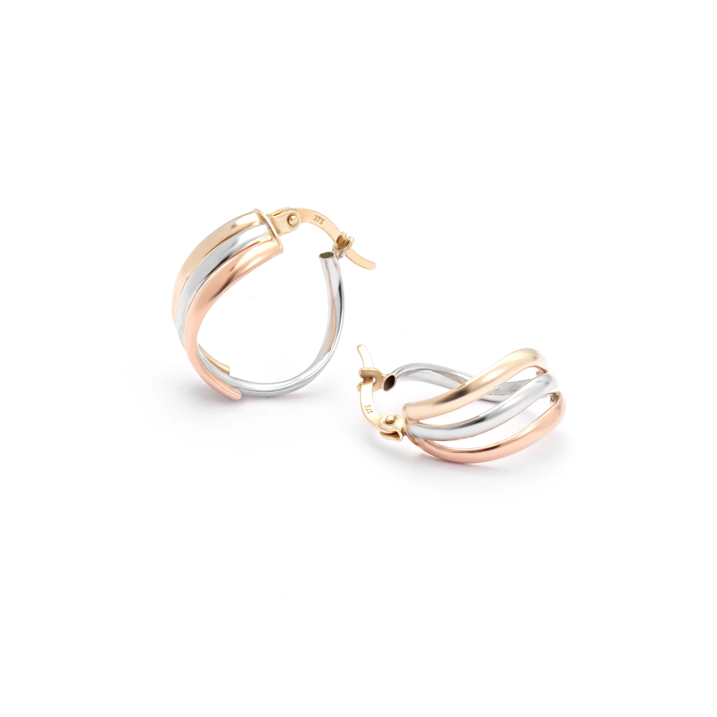 9K Yellow, Rose And White Gold Wave Hoop Earrings - Image 2
