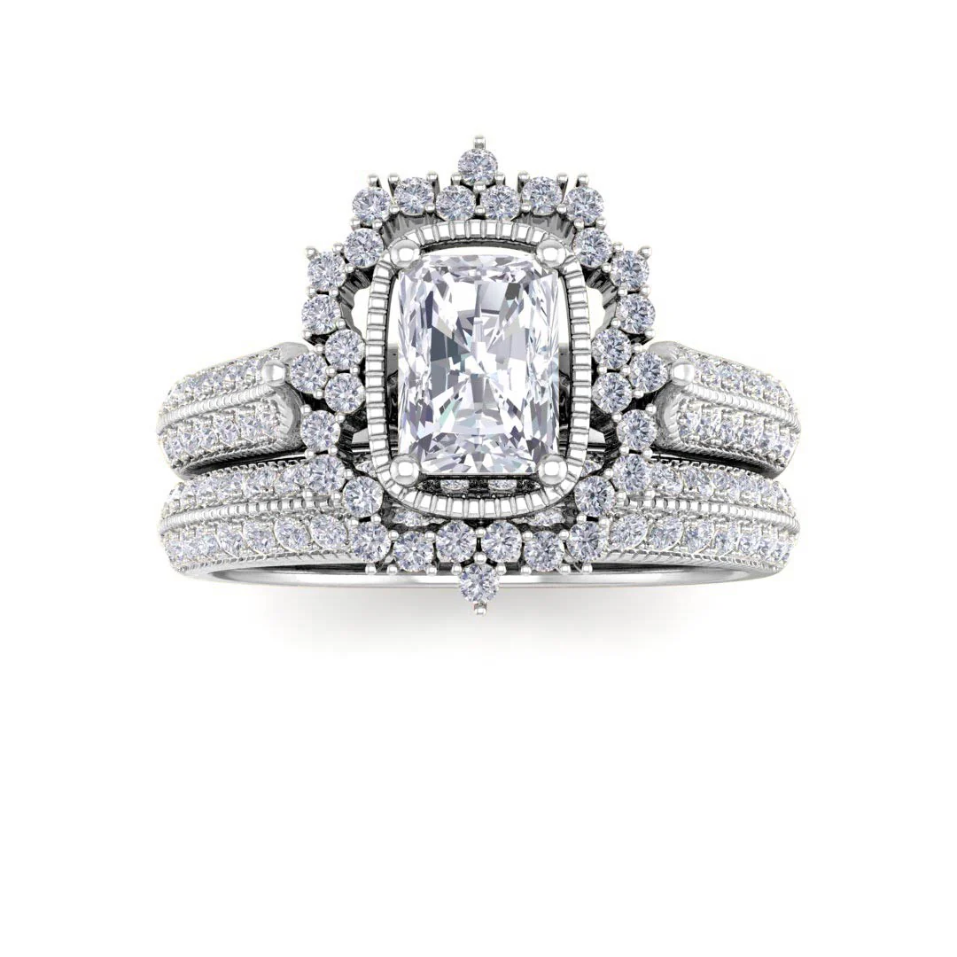 Platinum 0.33ct Emerald Cut Lab Diamond Vintage Halo Bridal Set 0.83tdw