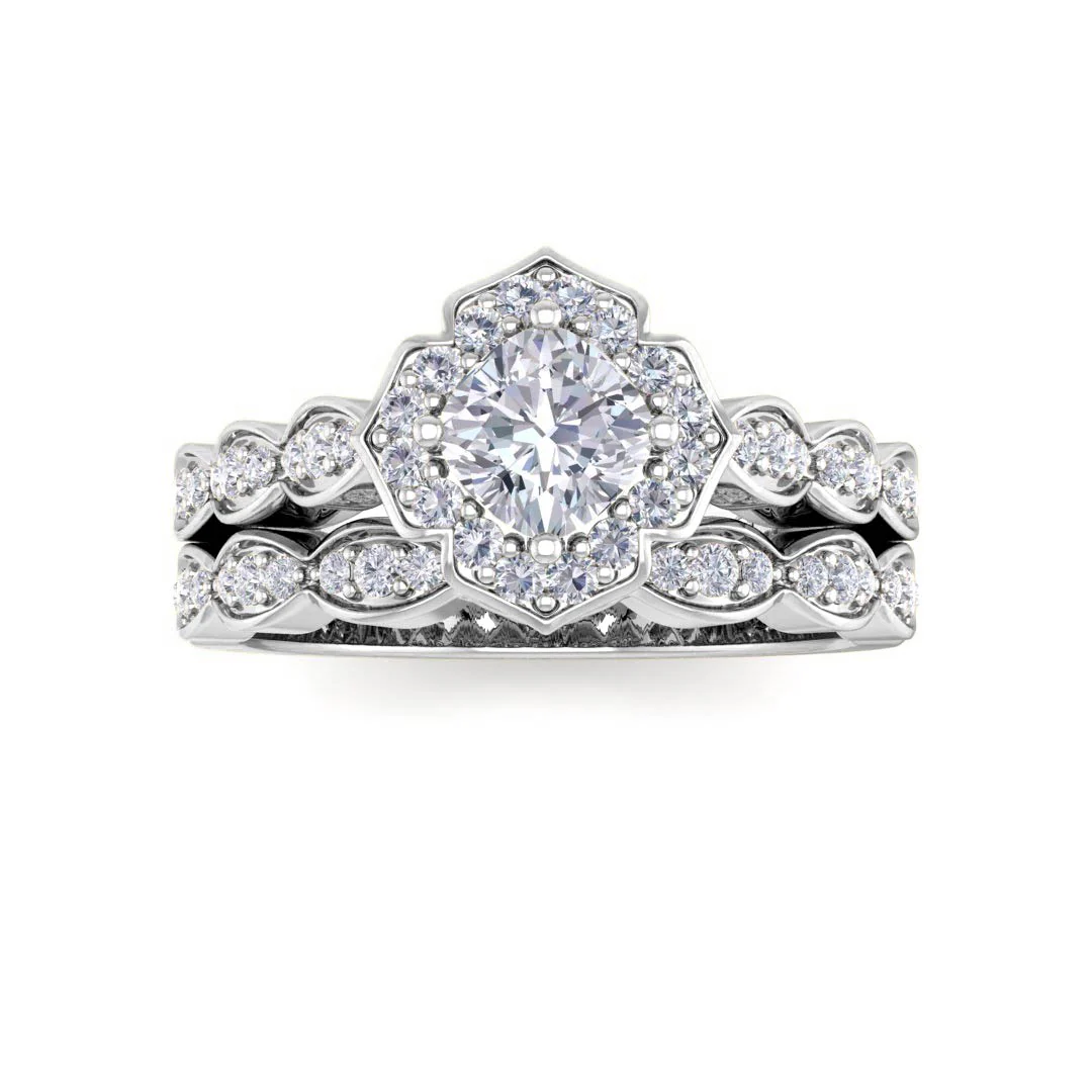 Platinum 0.5ct Cushion Cut Moissanite Halo Vintage Inspired Bridal Set 0.3tdw