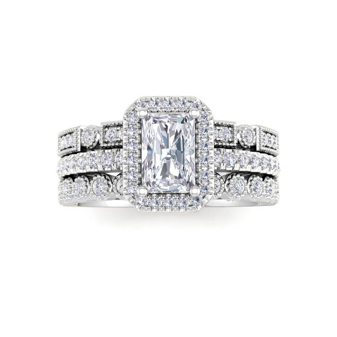 Platinum 0.75ct Emerald Cut Diamond Halo Bridal Set 1.25tdw