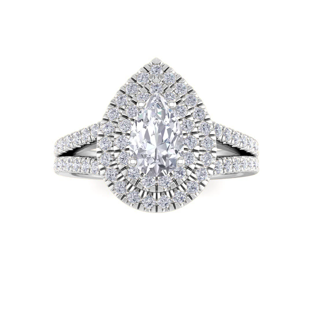 Platinum 0.75ct Pear Moissanite Double Halo Engagement Ring 0.5tdw