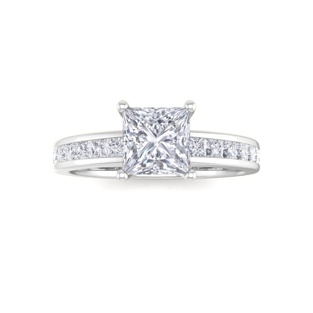 Platinum 0.75ct Princess Cut Moissanite Solitaire with Shoulder Accents Engagement Ring 0.5tdw