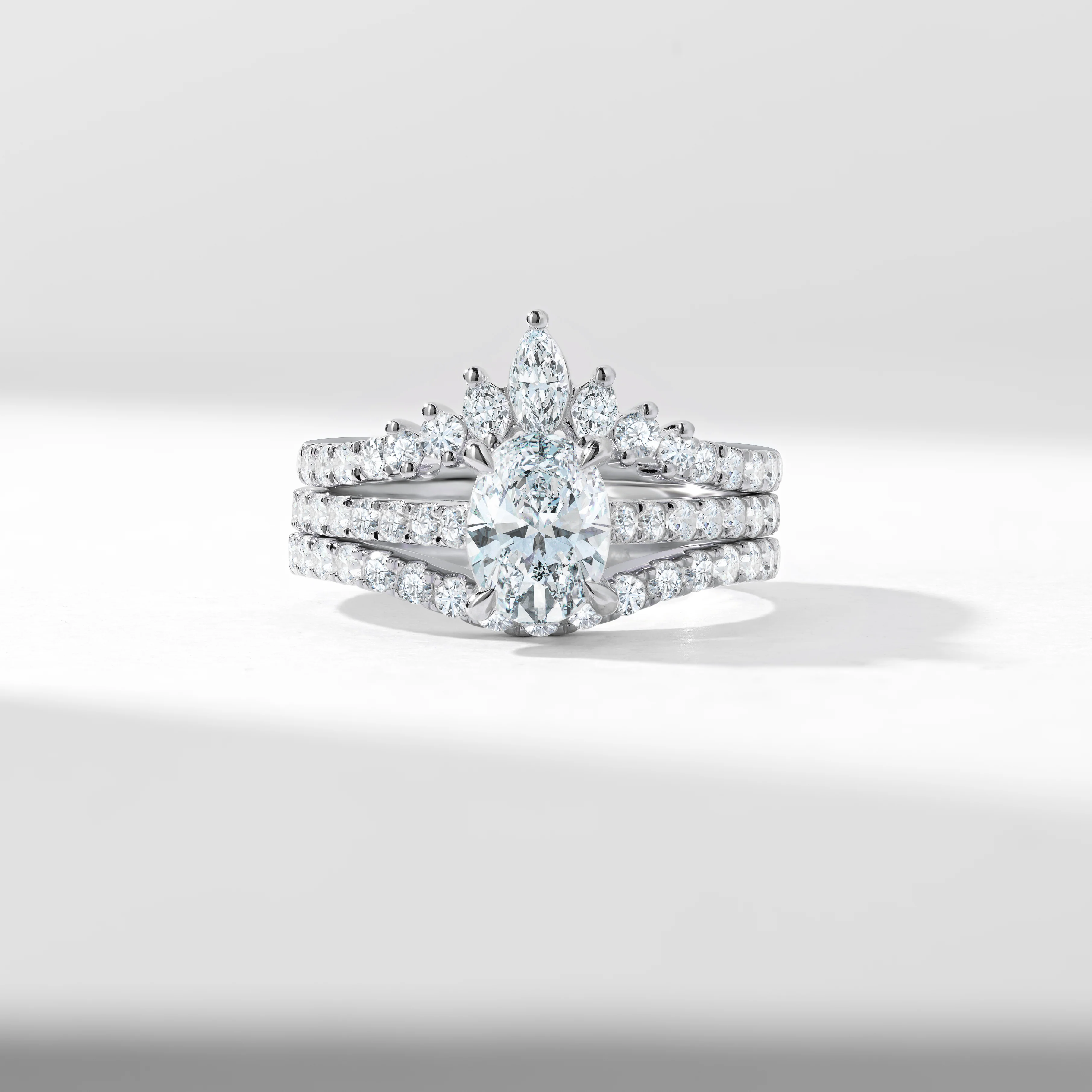 9K white Gold 1.25ct Oval Diamond Centre With Marquise And Round Brilliant Contoured Wedding And Eternity Rings Bridal Set 2.0tdw - Image 8