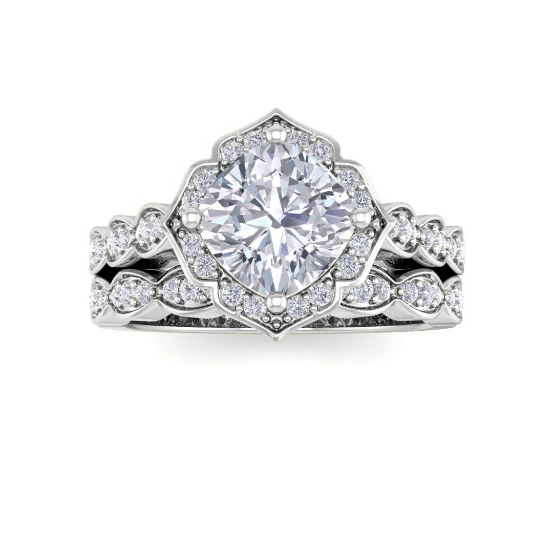 Platinum 1.5ct Cushion Cut Diamond Halo Vintage Inspired Bridal Set 1.8tdw
