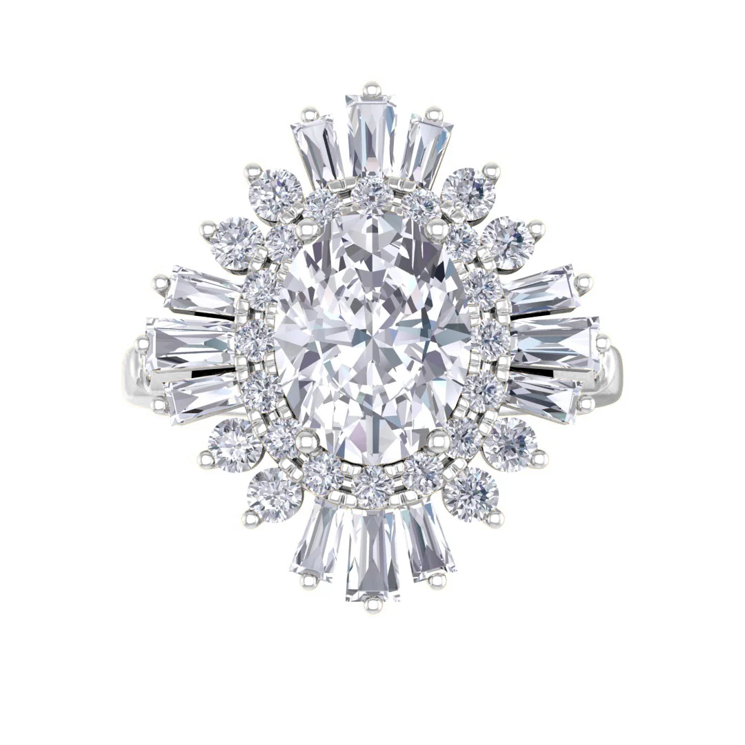 Platinum 1.5ct Oval Diamond Baguette Starburst Engagement Ring 2.0tdw