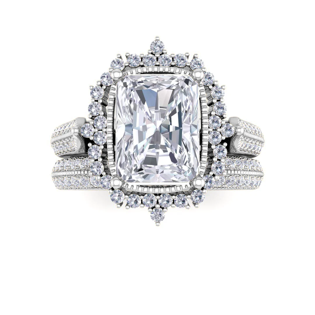 Platinum 2.0ct Emerald Cut Lab Diamond Vintage Halo Bridal Set 2.5tdw