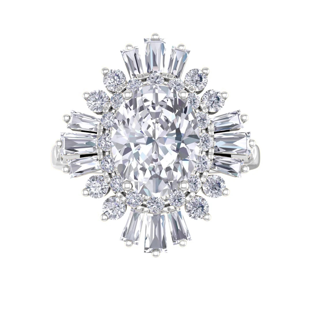 Platinum 2.0ct Oval Diamond Baguette Starburst Engagement Ring 2.5tdw
