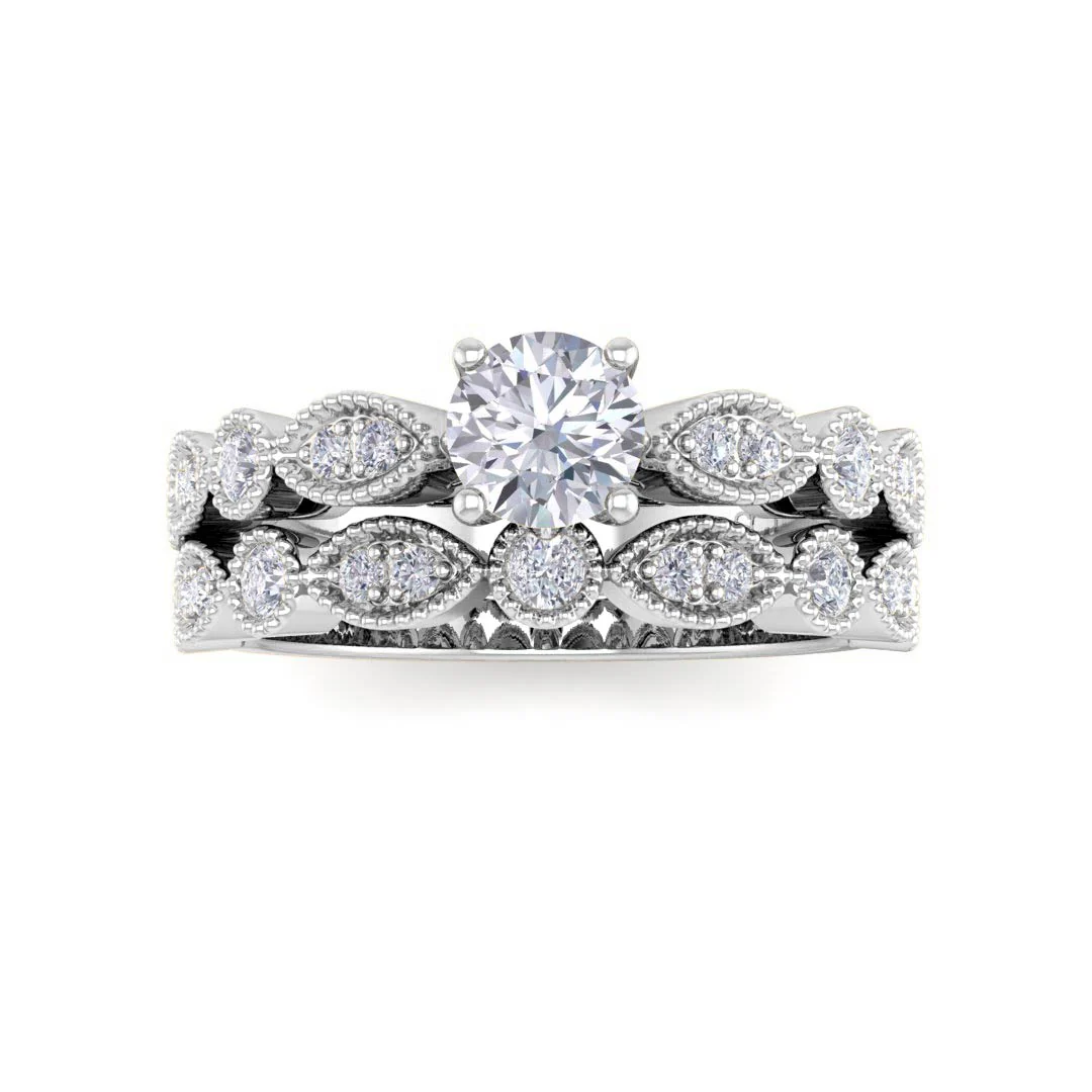 Platinum Round Brilliant Diamond Milgrain Bridal Set 0.58tdw