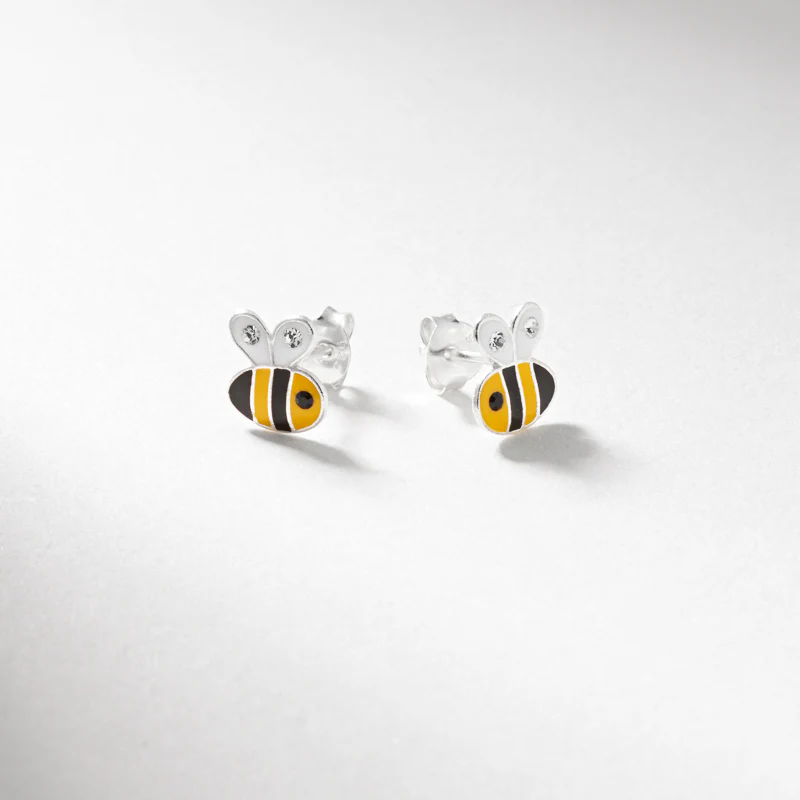 Silver enamel & crystal bee stud earrings