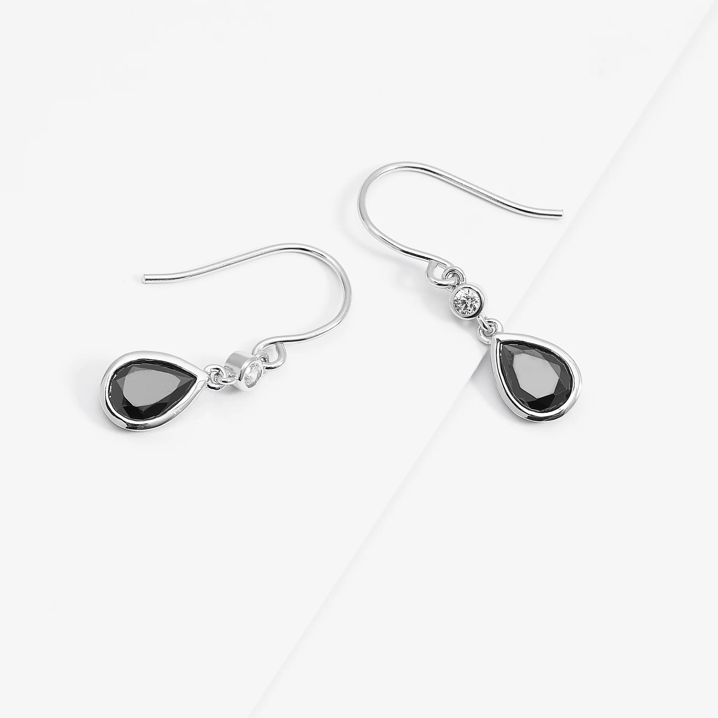 Sterling Silver Black Pear And Round Zirconia Bezel Shepherd Hook Earrings