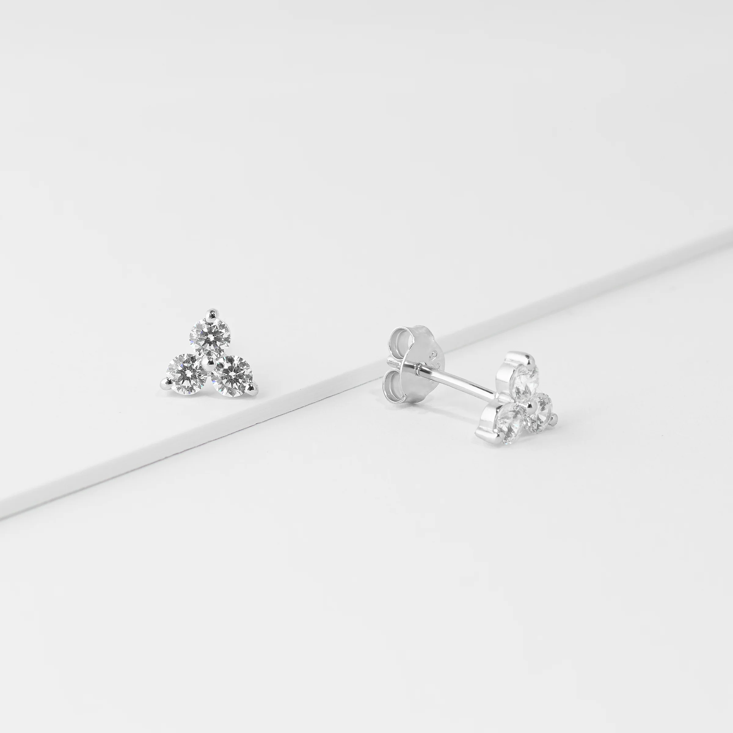 Sterling Silver Round Brilliant Zirconia 3 Point Claw Set Cluster Stud Earrings