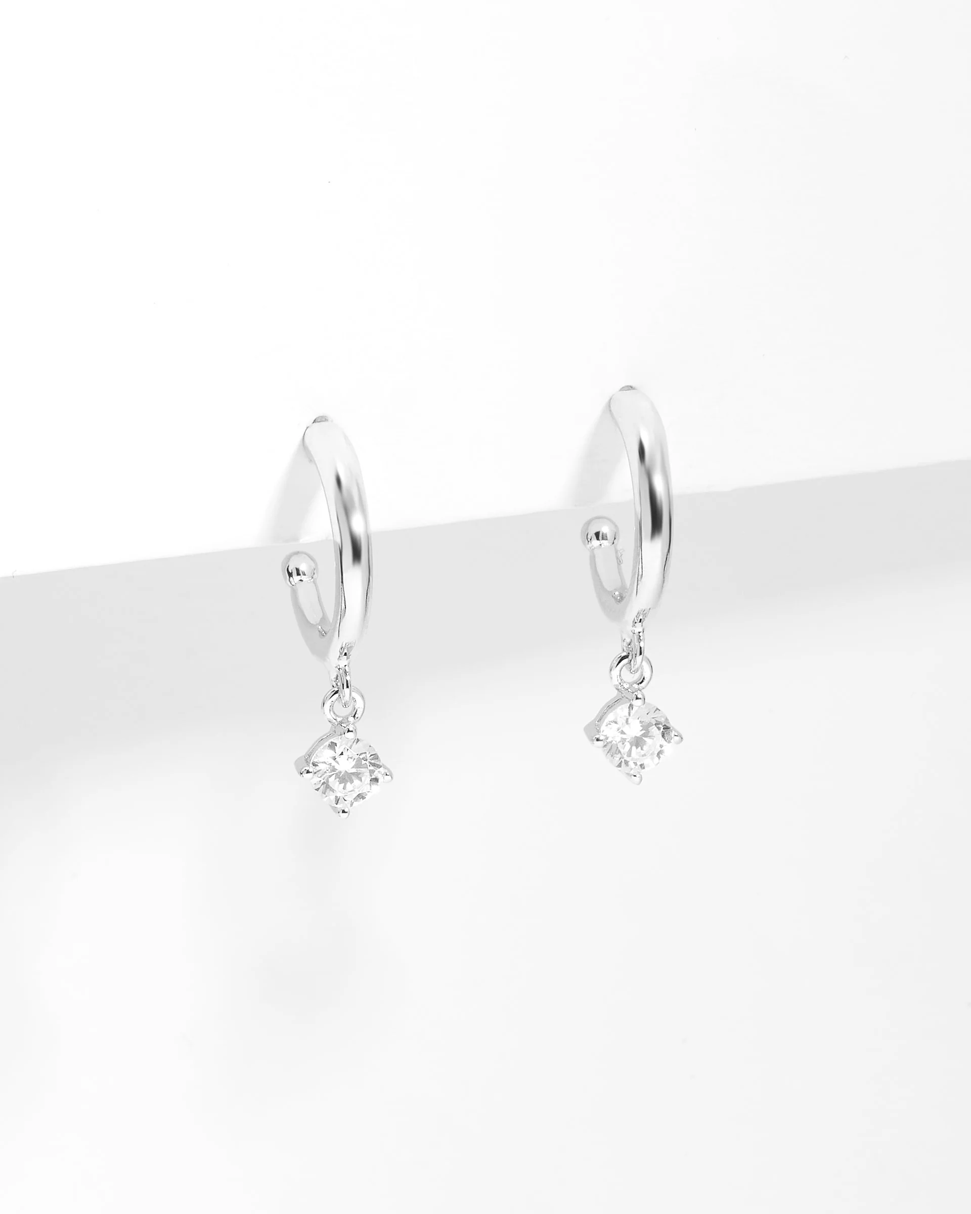 Sterling Silver Half Hoop Earrings With Zirconia Drop - Image 3