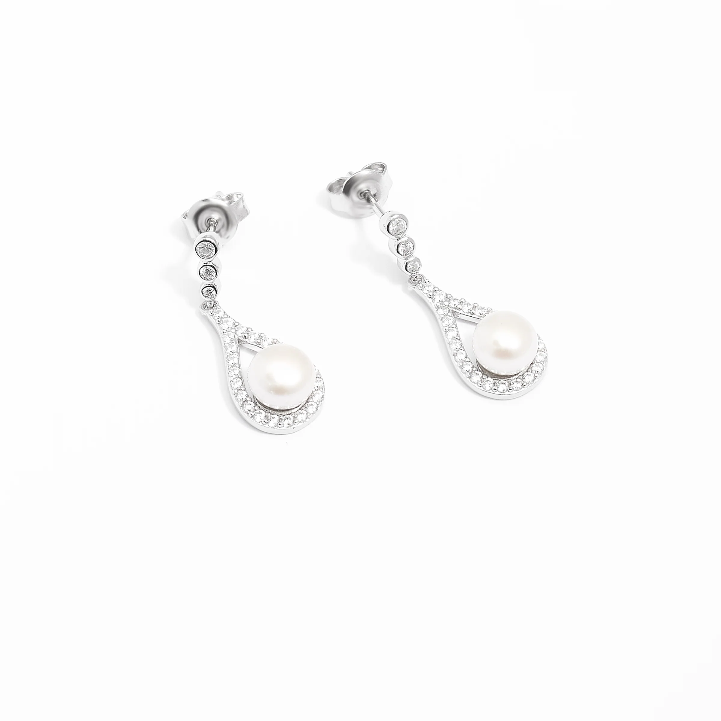 Sterling Silver Pearl Zirconia Teardrop Stud Earrings