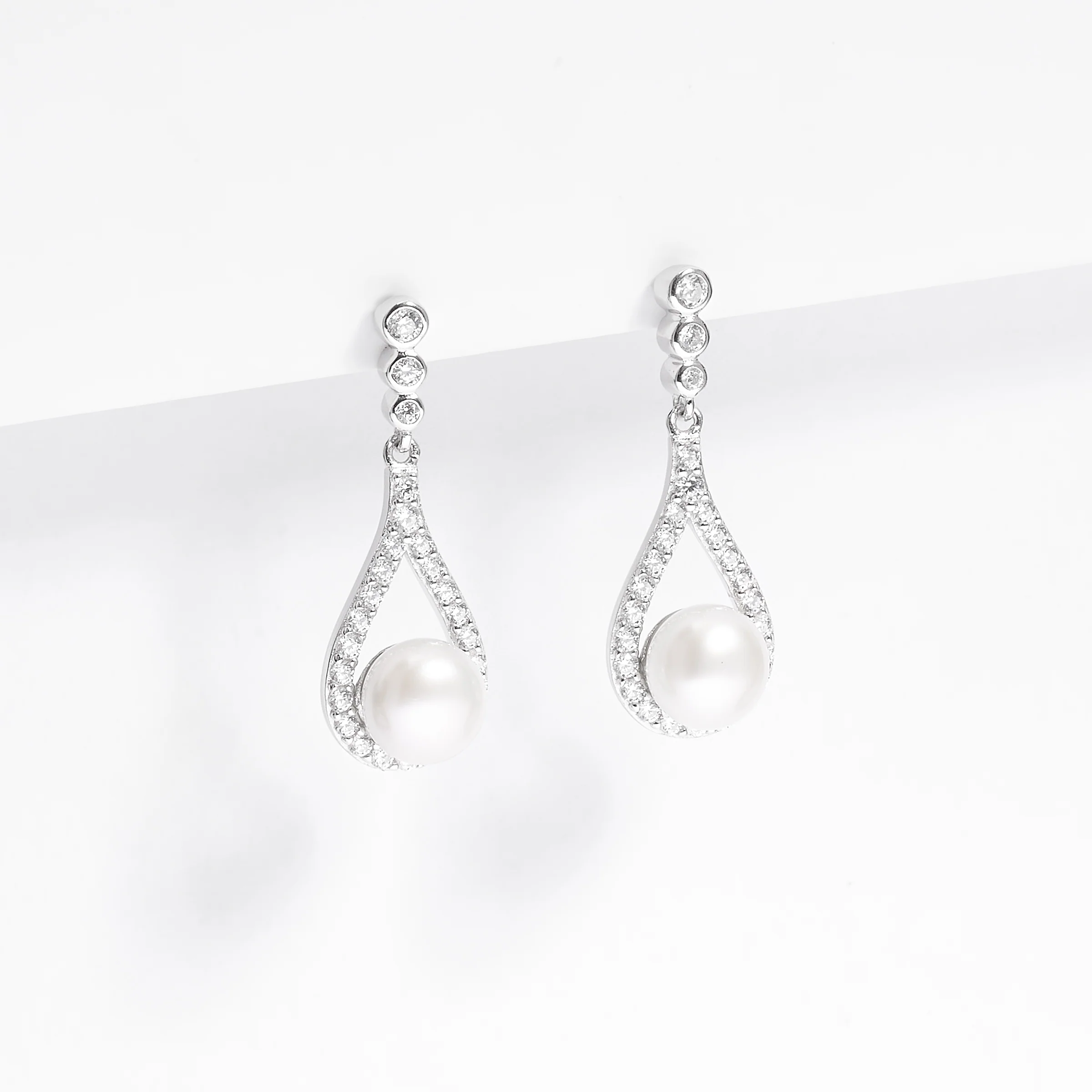 Sterling Silver Pearl Zirconia Teardrop Stud Earrings - Image 2