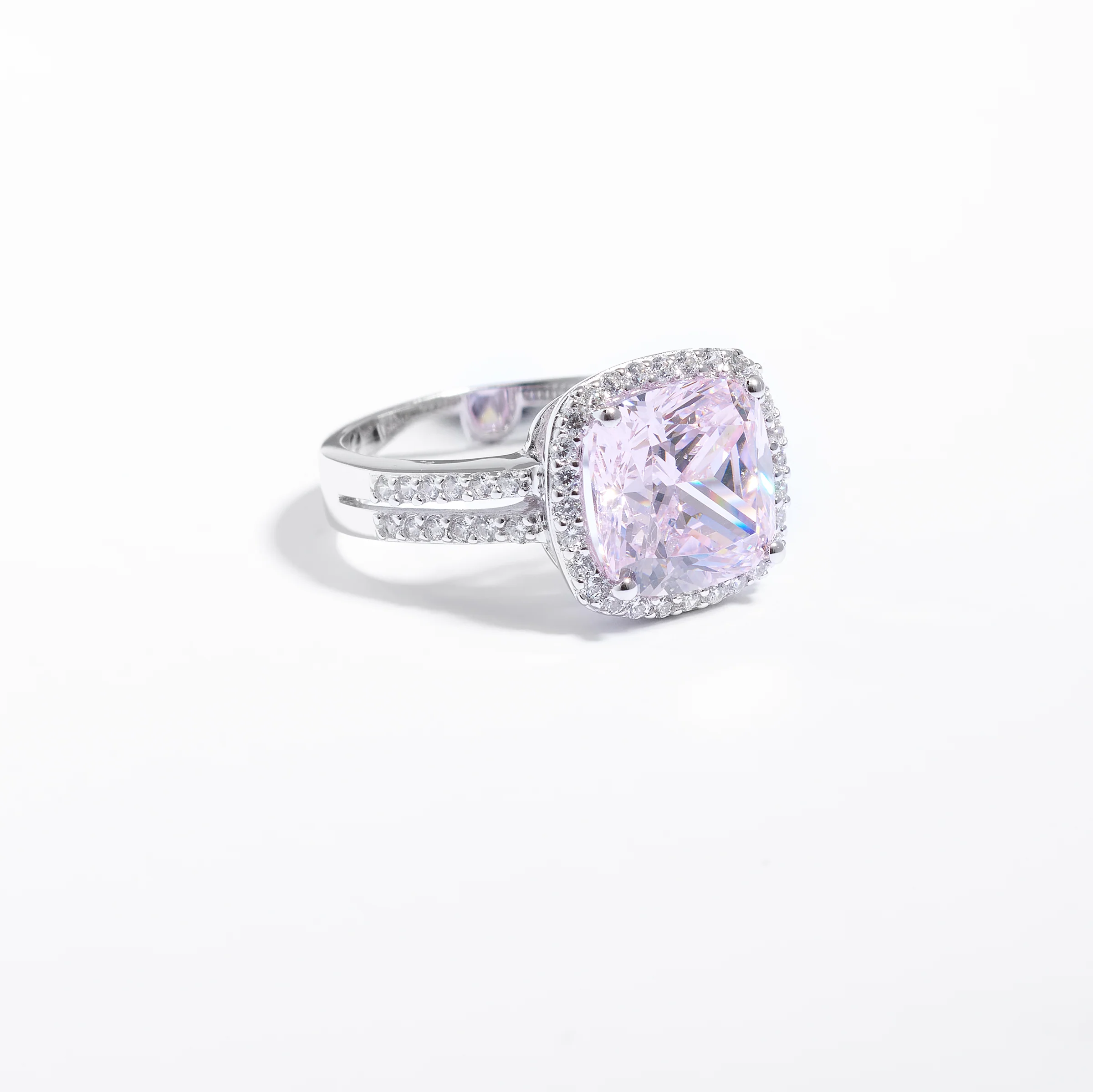 Sterling Silver Pink Zirconia Cushion Split Shank Ring