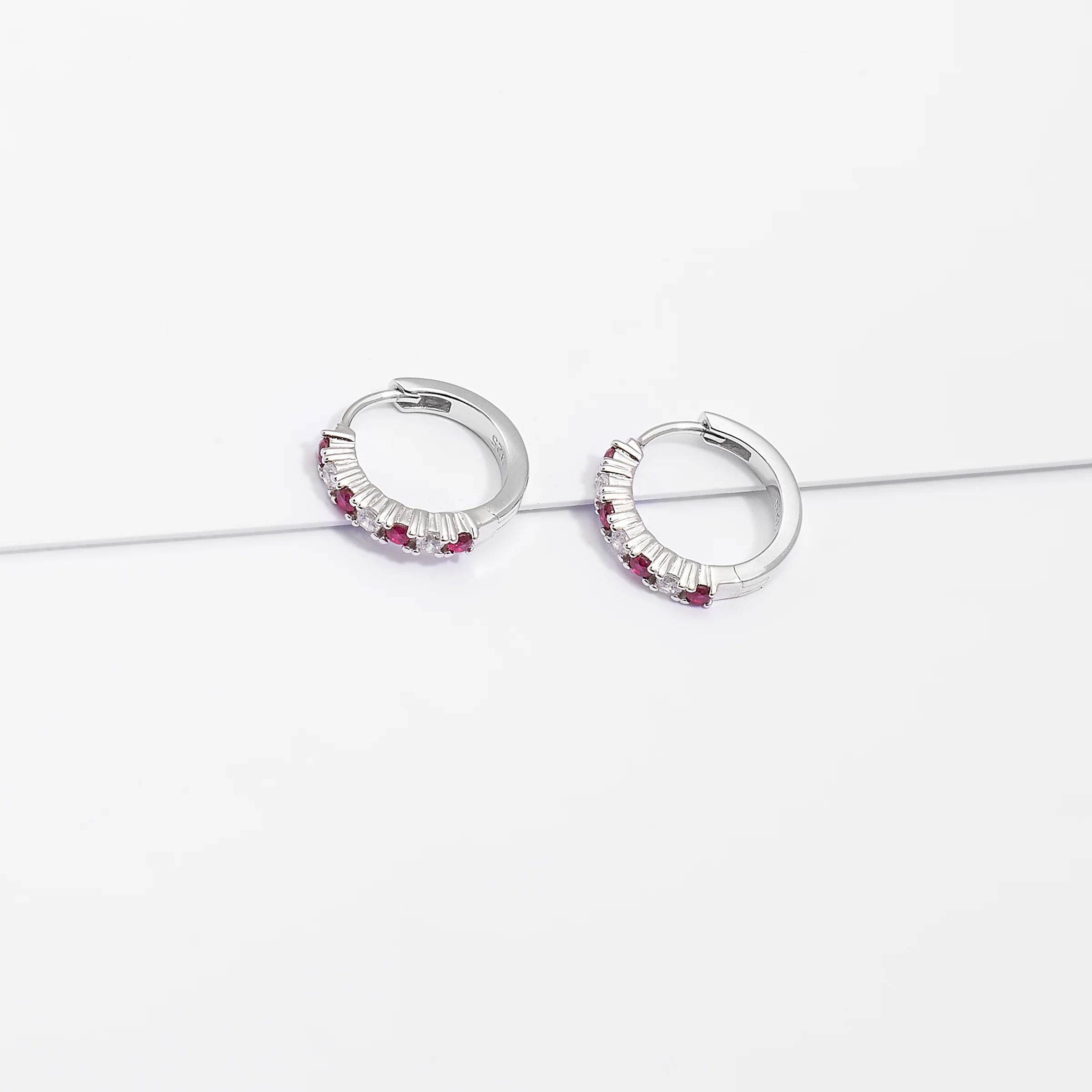 Sterling Silver Red And White Zirconia Huggie Earrings