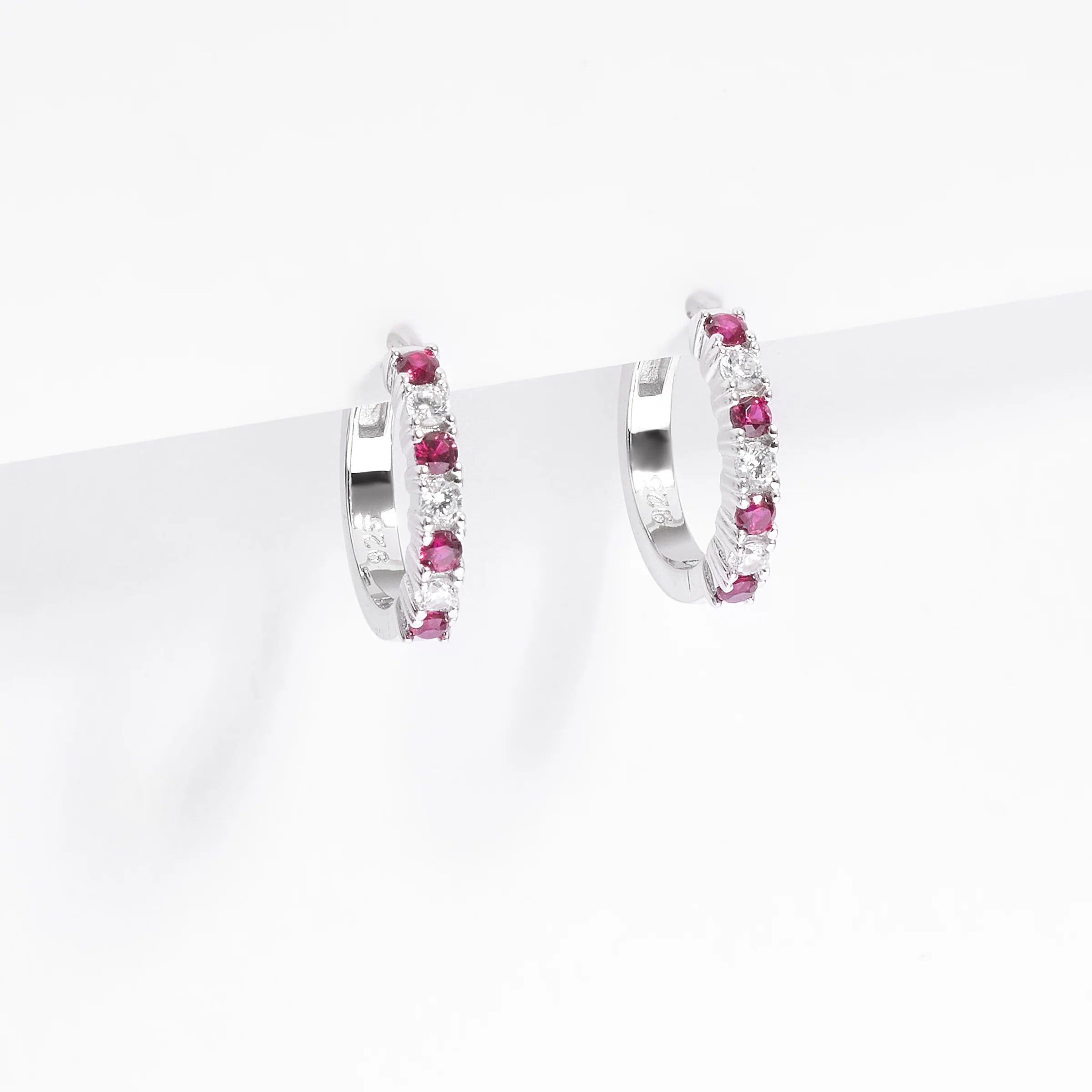 Sterling Silver Red And White Zirconia Huggie Earrings - Image 2